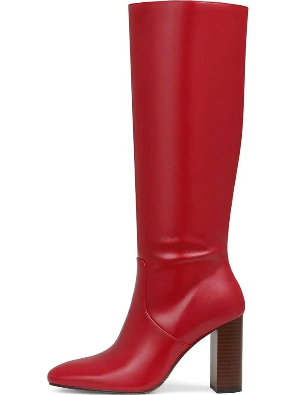Women's Red Faux Leather Comfortable Square Toe Chunky High Knee High Boots